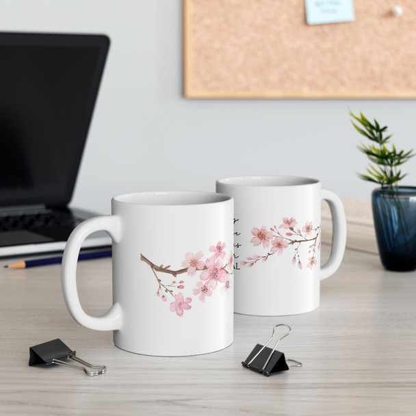 Happy are those conscious of their spiritual need Ceramic Cherry Blossom Scripture Mug Matthew 5:3