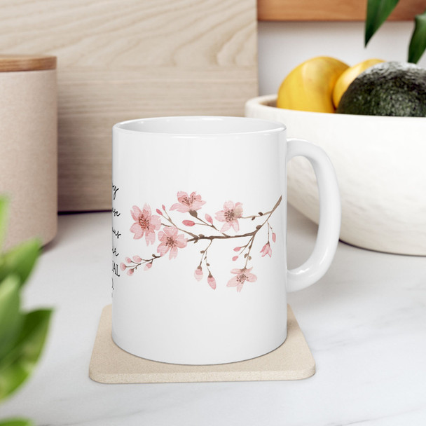 Happy are those conscious of their spiritual need Ceramic Cherry Blossom Scripture Mug Matthew 5:3