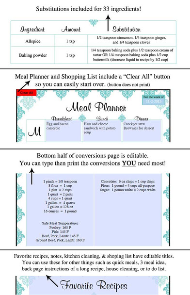 Blue Damask Printable Recipe Book Template Editable PDF