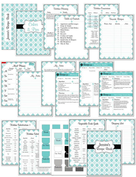 Blue Damask Printable Recipe Book Template Editable PDF