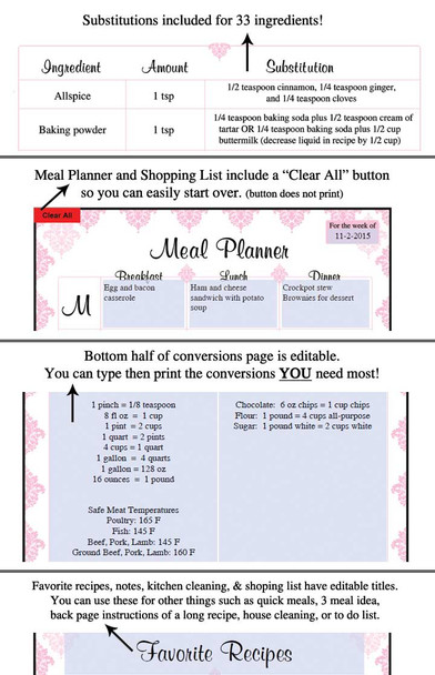 Pink Damask Printable Recipe Book Template Editable PDF