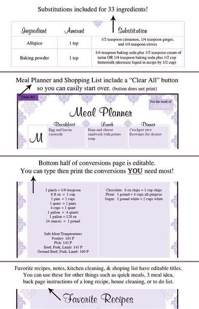 Purple Damask Printable Recipe Book Template Editable PDF