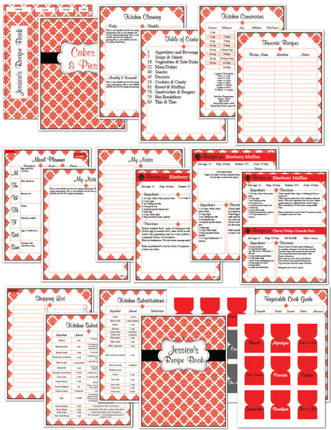 Red Damask Printable Recipe Book Template Editable PDF