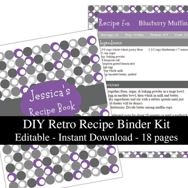 Retro Purple Printable Recipe Book Template Editable PDF