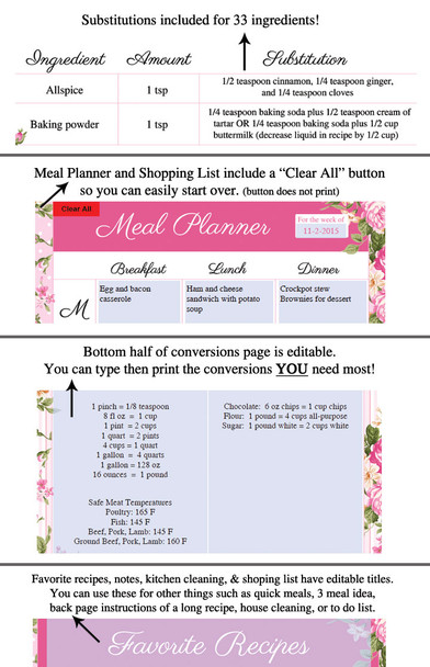 Pink Roses Printable Recipe Book Template Editable PDF