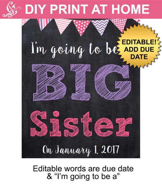 Pink & Purple Big Sister Editable Printable Poster