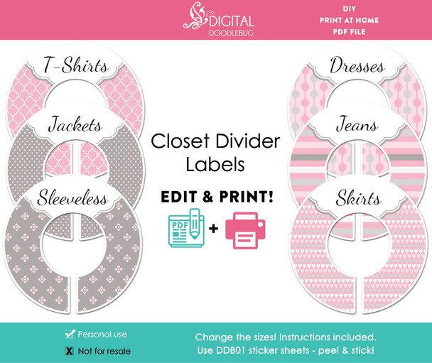 Pink & Gray Printable Closet Dividers