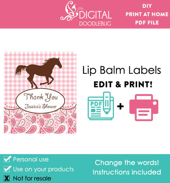 Cowgirl pink gingham paisley printable lip balm labels PDF