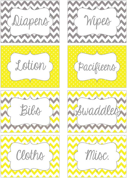 Yellow & Gray chevron printable nursery drawer labels