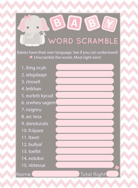 pink elephant baby shower game word scramble