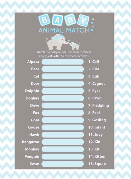 Animal Match baby shower game set of 25 Blue Elephant