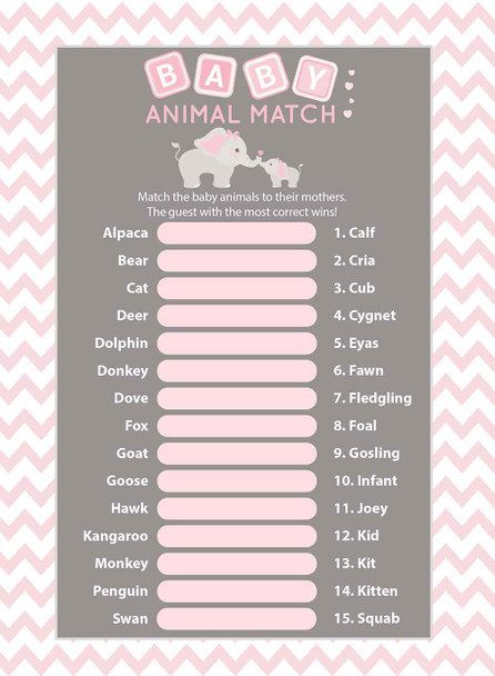 animal match elephant baby shower game for girls pink