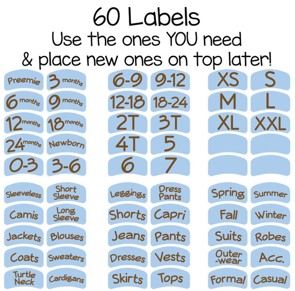 Includes 60 printed labels for baby, toddler, and child sizes. Even by type!