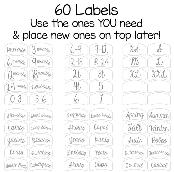 Includes 56 pre-printed labels for sorting by size or type