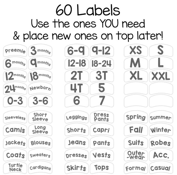 Includes 60 pre-printed labels for sorting by size or clothing type