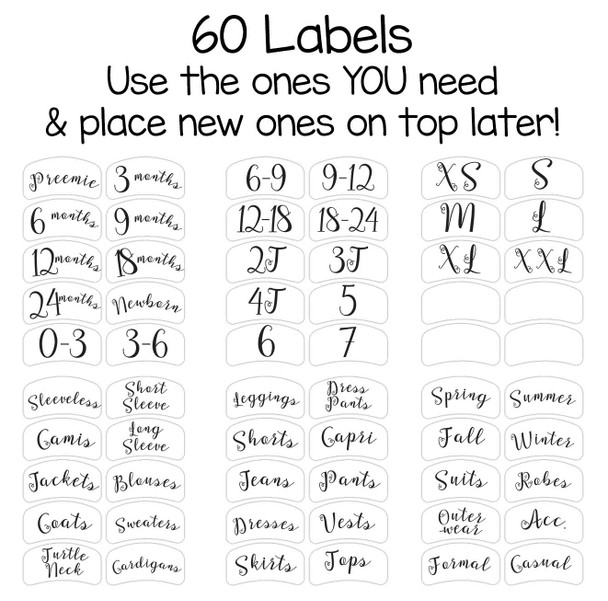 56 pre-printed sorting labels to organize by size or clothing type