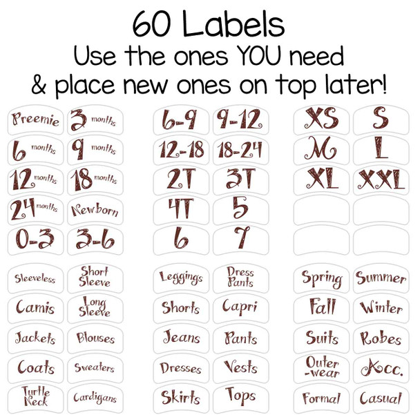 56 pre-printed sorting labels to organize by size or clothing type