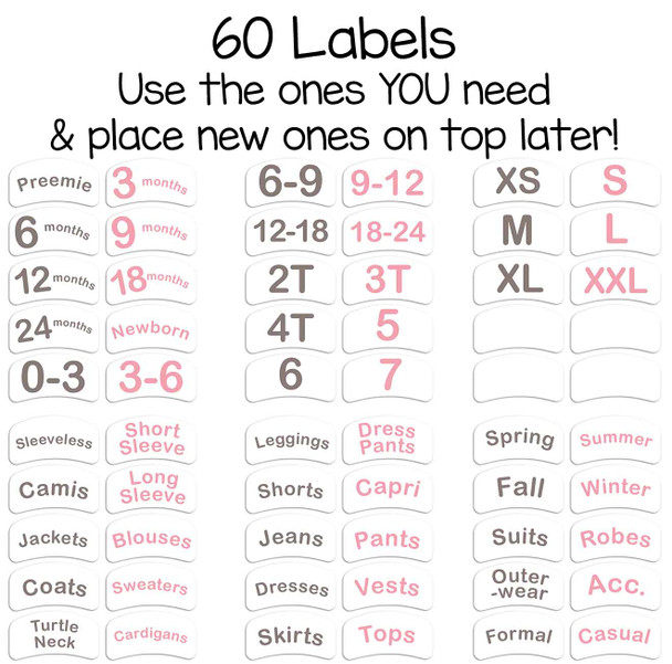 56 pre-printed sorting labels to organize by size or clothing type for baby, toddler, or child.