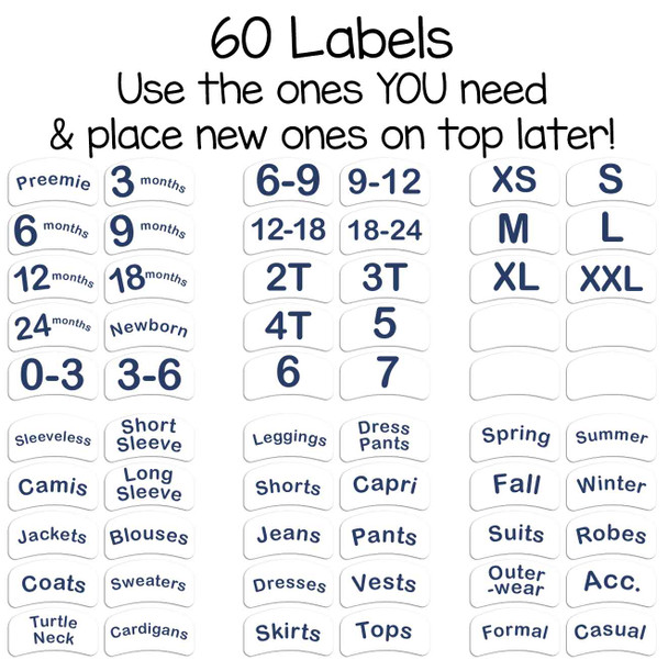 56 pre-printed sorting labels to organize by size or clothing type for baby, toddler, or child.