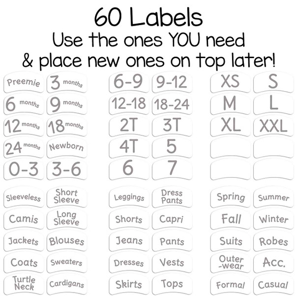 56 pre-printed sorting labels to organize by size or clothing type for baby, toddler, or child.