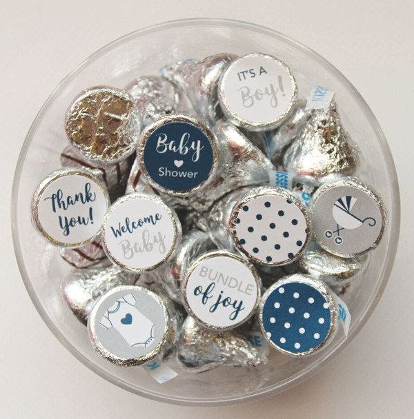 navy blue gray Baby shower boy favor stickers for Hershey kisses