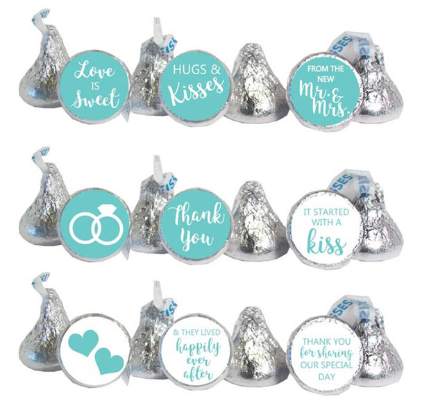 aqua labels wedding favor stickers that fit Hershey Kisses chocolate candy