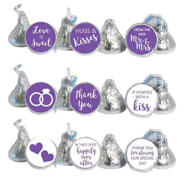purple labels wedding favor stickers that fit Hershey Kisses chocolate candy