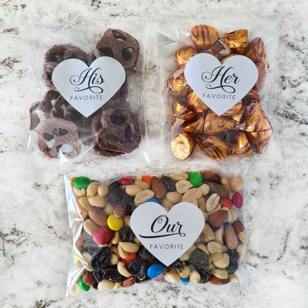 elegant his and her favorite heart shaped labels for snack bags