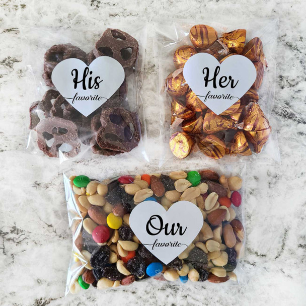 handwriting his and her favorite heart shaped labels for snack bags