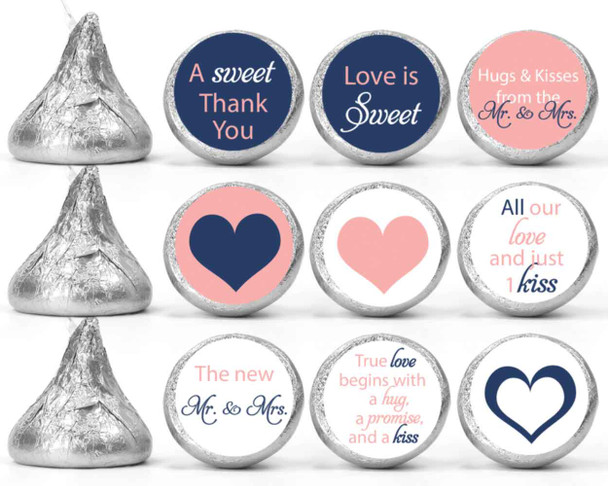 navy and blush labels wedding favors for hershey kiss chocolate candy