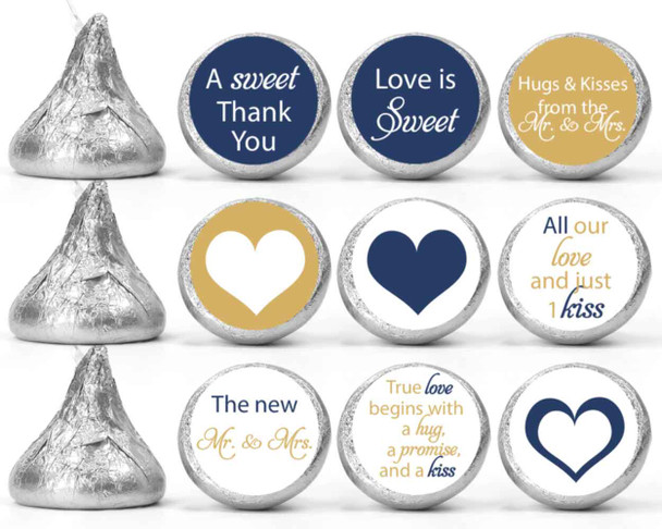 navy and gold labels wedding favors for hershey kiss chocolate candy