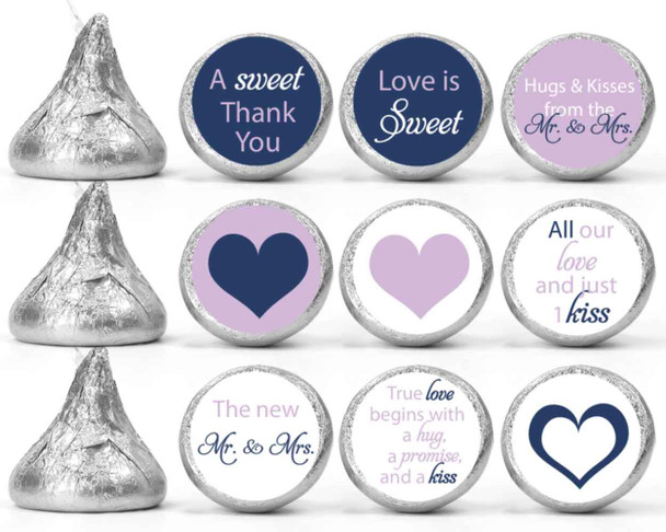 navy and lavender labels wedding favors for hershey kiss chocolate candy