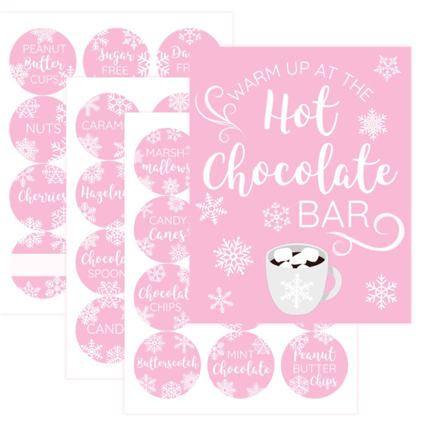 pink hot chocolate bar sign and stickers for girls baby shower