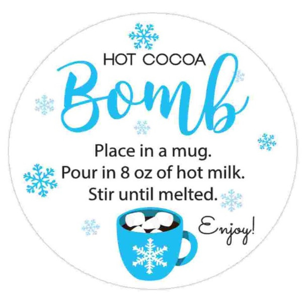 blue snowflake hot cocoa bomb direction labels