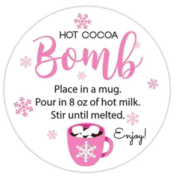 pink snowflake hot cocoa bomb instruction labels