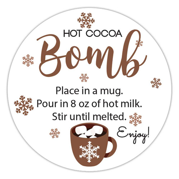 brown snowflake hot cocoa bomb instruction labels