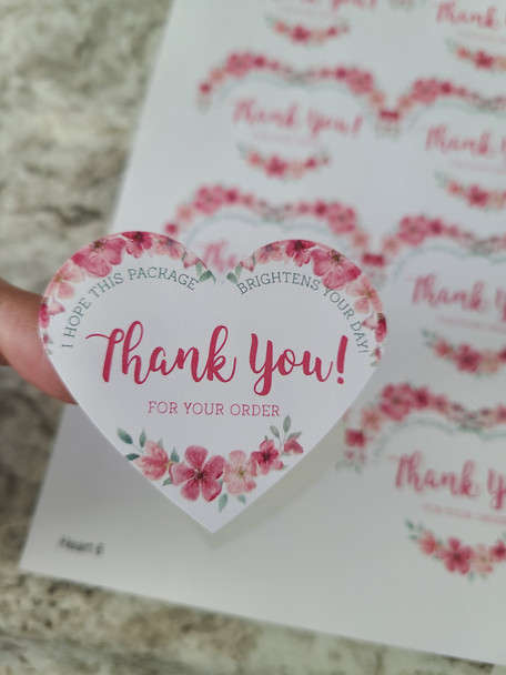 pink floral heart shaped stickers thank you