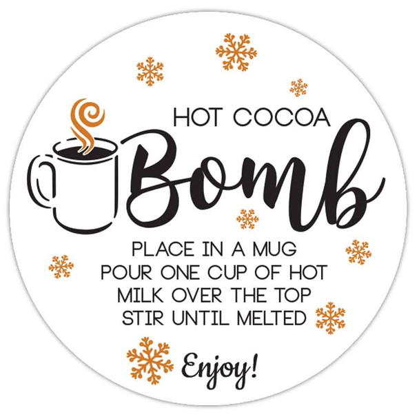 orange snowflake hot chocolate cocoa bomb direction labels for product packaging