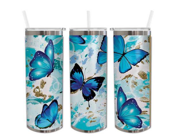 Blue & Gold Light Butterfly Skinny Tumbler 20oz