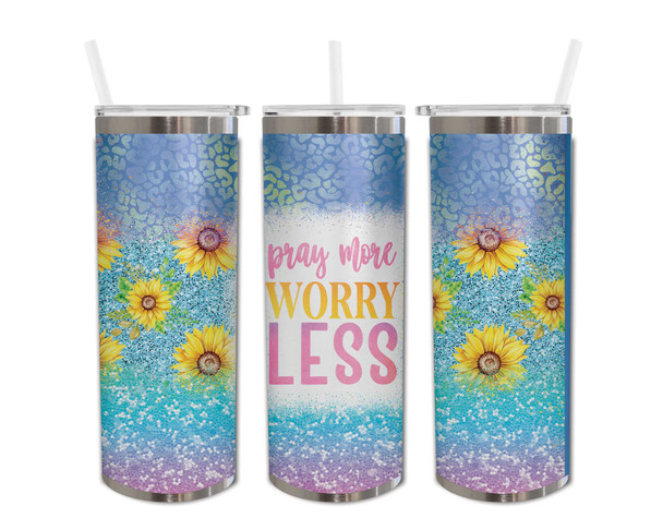 pink Pray more worry less  blue sunflower christian Skinny Tumbler 20oz