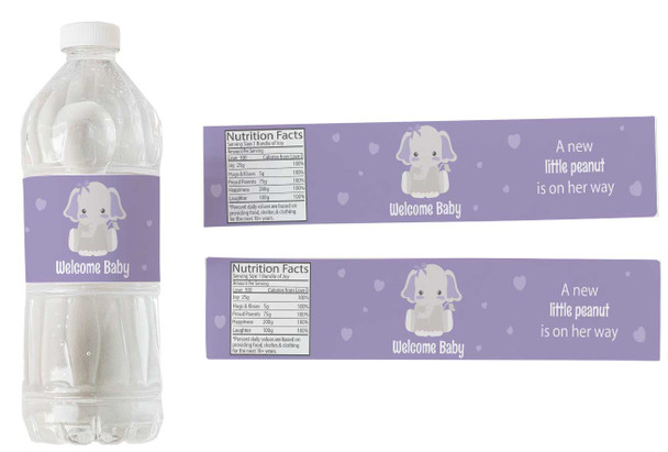 purple elephant water bottle labels baby shower girl waterproof DIY party decor