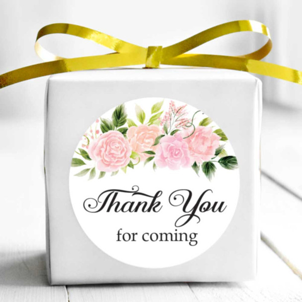 thank you for coming floral pink rose bridal shower stickers and bags for favors