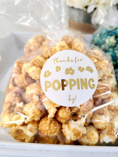Rose Gold foil thanks for popping by baby shower popcorn favor stickers and bags