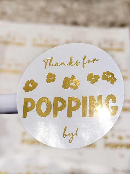 Gold foil thanks for popping by wedding favor stickers for popcorn
