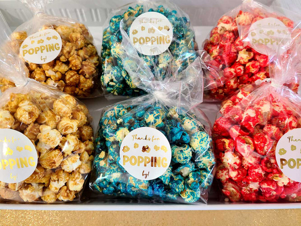 Gold foil popcorn graduation favor stickers with bags