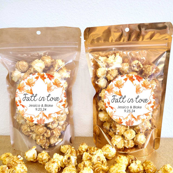 personalized fall wedding popcorn favor stickers and treat bags DIY kit autumn leaves