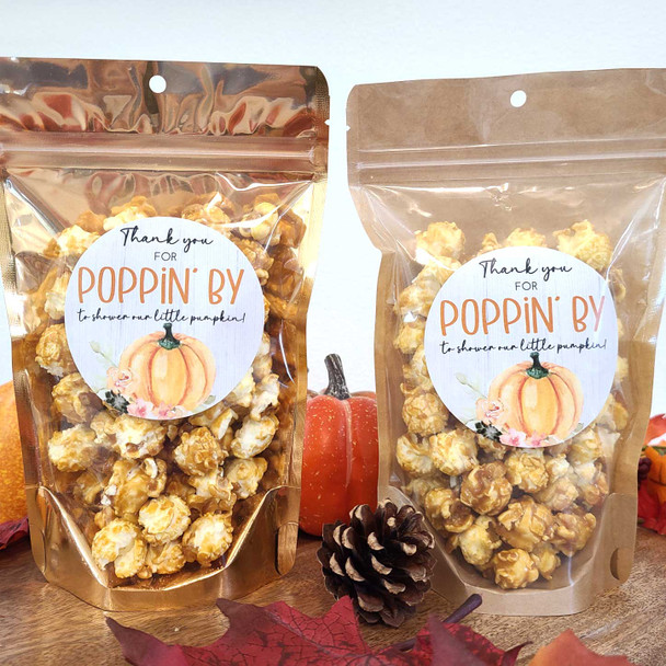 pumpkin popcorn favors stickers and bags for baby shower