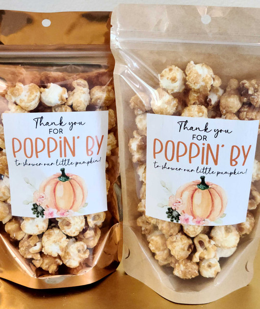pumpkin popcorn favors stickers and bags for baby shower