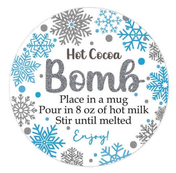 blue silver snowflake hot cocoa bomb direction labels
