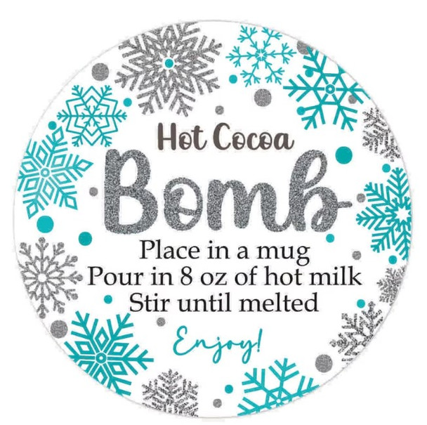 turquoise snowflake hot chocolate bomb direction labels